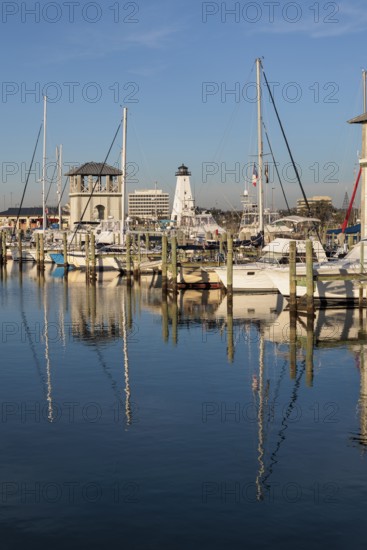 Sailboats and fishing boats docked in the Small Craft Harbor at Gulfport, Mississippi, USA