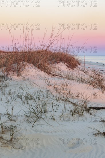 Colourful evening sky shines on sand dunes of Fort Morgan Fishing Beach at Fort Morgan, Alabama, USA