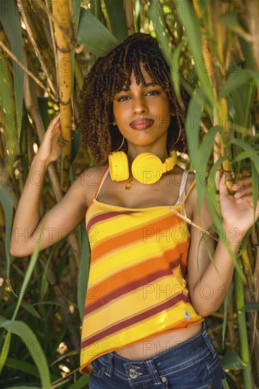 Young woman wearing yellow headphones, posing amidst vibrant bamboo trees, enjoying the soothing blend of music and nature on a sunny day