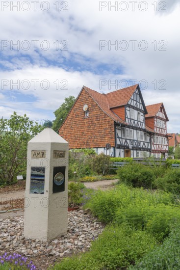 Church and Bible garden of St Crucis Church, Bad Sooden, Allendorf, Allendorf district, symbol of paradise garden with biblical flora, flower beds, nature, old town, half-timbered house, Werra-Meissner district, Hesse, Germany
