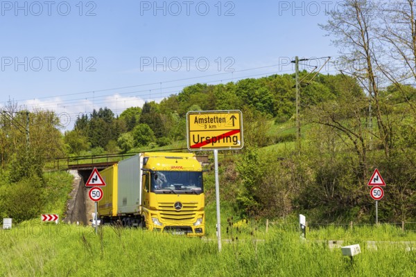 Lorry travelling on the B10 federal road near Lonsee. Lonsee, Baden-Württemberg, Germany