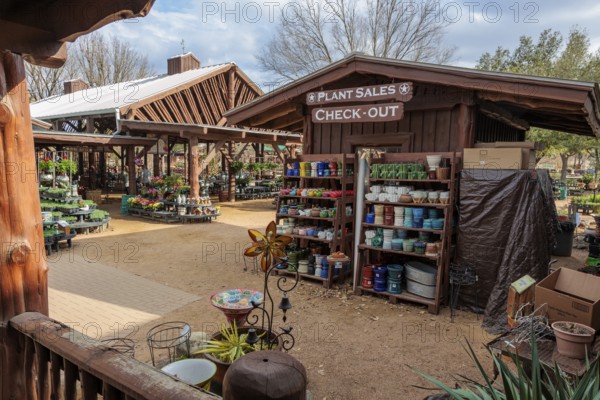 Plants and pots for sale at the Wildseed Farms nursery in Fredericksburg, Texas, USA