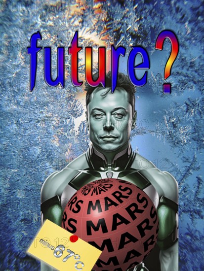 Symbolic image, Elon Musk as an alien on a Mars mission, Mars as his dream destination, colonisation at minus 67 degrees Celsius, flight duration approx. 16 months, uncertain return, social media, hate speech, free speech, glamour factor internet and computer, mobile phone, smartphone, data traffic, @ sign. Mail traffic, AI, ChatGBT, AI, OpenAI, chatbot, artificial intelligence, artificial intelligence, IT system, computer science, AI learning, IT technology, computer system, software, Apple, Google, Microsoft, radical forums, ultra-right, right-wing radicals, Donald Trump
