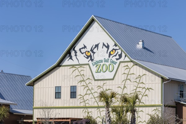 Main building near the entrance of the Alabama Gulf Coast Zoo in Gulf Shores, Alabama, USA