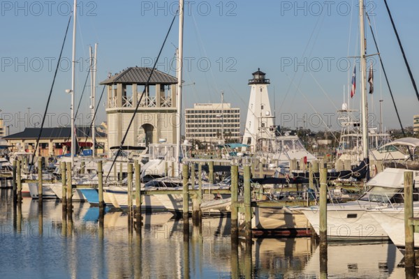 Sailboats and fishing boats docked in the Small Craft Harbor at Gulfport, Mississippi, USA