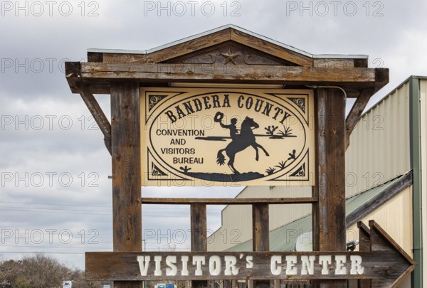 Sign for the Bandera County Convention and Visitors Bureau Visitor's Center in Bandera, Texas, USA