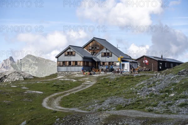 Cabane de Prafleuri mountain hut in mountain landscape, Valais, Western Alps, Switzerland