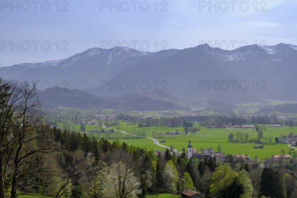 View of the Leitzach valley and Elbach, from the Schwarzenberg near Hundham, Leitzach valley, Upper Bavaria, Bavaria, Germany