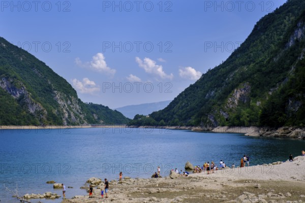 Pian Falcina, bathing beach on Lago di Mis, Sospirolo, Belluno, Veneto, Italy