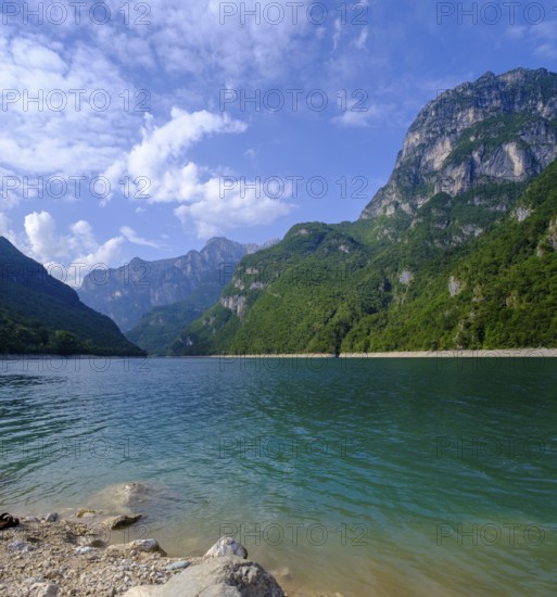 Pian Falcina, bathing beach on Lago di Mis, Sospirolo, Belluno, Veneto, Italy