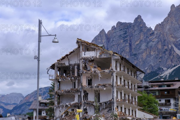 Demolition, Olympia construction site, former Hotel Bellevue, Cortina d'Ampezzo, Dolomites, Province of Belluno, Veneto, Italy