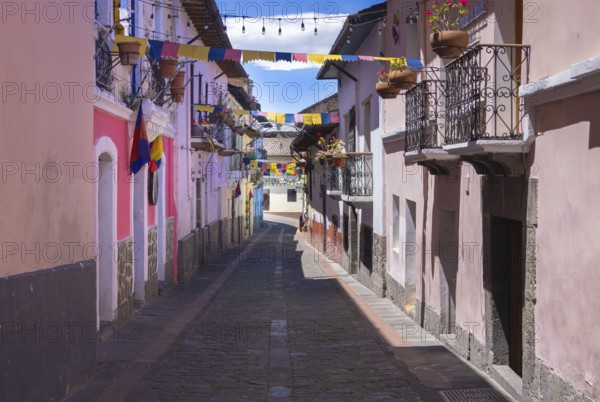 Old Town in Quito, Ecuador. Colonial colourful scenic historic city center streets