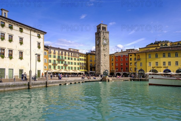 Harbour basin with Piazza Novembre with Torre Apponale, Riva del Garda, Lake Garda, Trentino, Italy