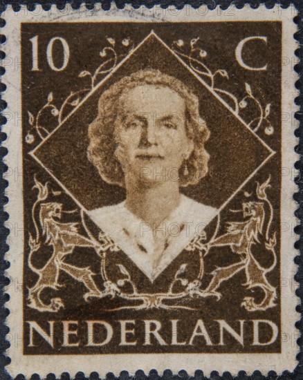 Queen Juliana (1909, 2004), was the reigning Queen of the Netherlands from 1948 until 1980, when she abdicated. Portrait on a Dutch postage stamp