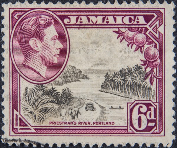 George VI was King of the United Kingdom and the Dominions of the British Commonwealth from 1936 until his death in 1952. Portrait on a Jamaica postage stamp