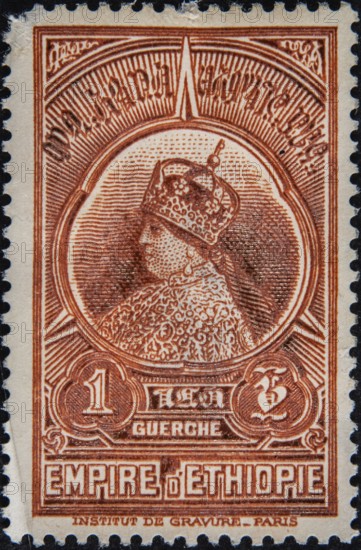 Menen Asfaw (1889, 1962) was an Ethiopian empress, married in 1911 to Emperor Haile Selassie. Portrait on Ethiopian postage stamp