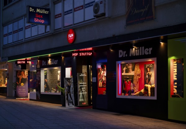 Night shot, Shop window, Display, Shop, Sexshop Dr. Müller, Eros-Center, Advertisement, Stuttgart, Baden-Württemberg, Germany