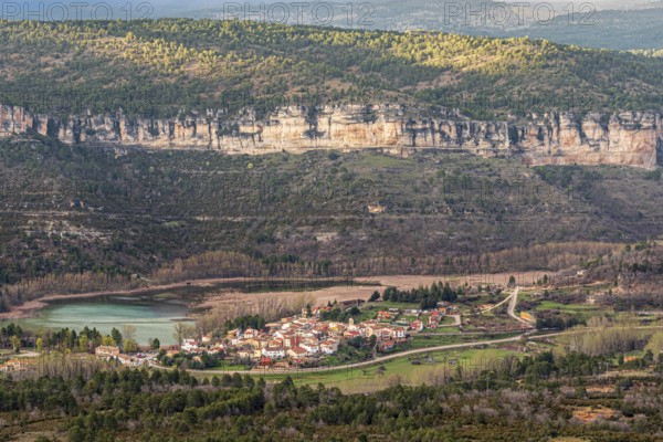 View from viewpoint mirador de Una, village Una, lake, rock formations, nature reserve, Cuenca region, Spain