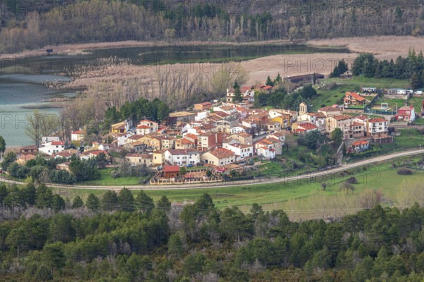 View from viewpoint mirador de Una, village Una, lake, nature reserve, Cuenca region, Spain
