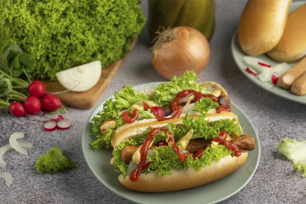 Hot dogs with ketchup, mustard, lettuce and radishes on a plate surrounded by ingredients
