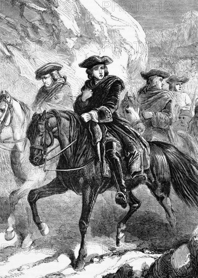 The retreat of Prince Charles, commonly known as Bonnie Prince Charlie or the young pretender to the throne, and the Jacobites who were pursued by King George II's son, the Duke of Cumberland, and caught up with them at the Battle of Culloden, England, 16 April 1746, digital reproduction of a historical original