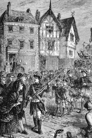 British troops march into Boston, the capital of Massachusetts Bay Province, in 1768 to protect and support colonial officials appointed by the Crown who were attempting to enforce unpopular parliamentary laws, digital reproduction of a historical original