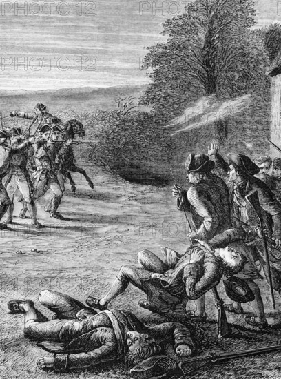 Skirmish at Lexington, the first military clash of the American War of Independence, fought on 19 April 1775. These and later battles marked the outbreak of open armed conflict between the Kingdom of Great Britain and its thirteen colonies on the mainland of British North America, digital reproduction of a historical model