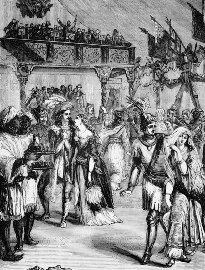 Costume ball in honour of General William Howe, 5th Viscount Howe, (10 August 1729 to 12 July 1814), a British army officer who rose to become commander-in-chief of the British forces during the American War of Independence, England, digital reproduction of a historical model