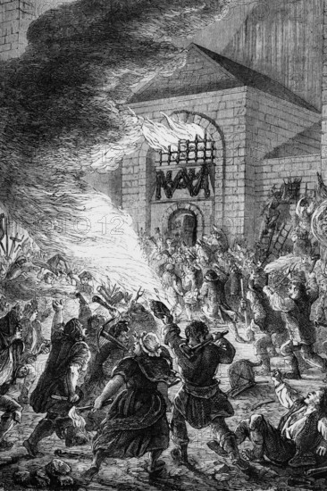 The No Popery (or Gordon) rioters attacked London's Newgate Prison in June 1780, which was largely destroyed, allowing a large number of prisoners to escape, many of whom were never recaptured, England, digital reproduction of a historical original