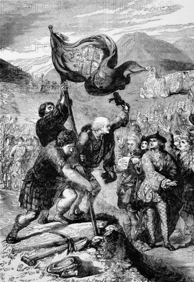 The raising of the standard of Prince Charles, commonly known as Bonnie Prince Charlie or the young pretender to the throne, at Glenfinnan at the head of Loch Shiel in the Highlands. It marked the beginning of the Jacobite Rising of 1745, England, digital reproduction of a historical original