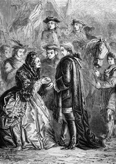 After the Battle of Prestonpans on 21 September 1745, Prince Charles, commonly known as Bonnie Prince Charlie or the young pretender to the throne, moved south to the River Mersey, where he met Mrs Skyring, the aged daughter of a Cavalier, England, digital reproduction of a historical original