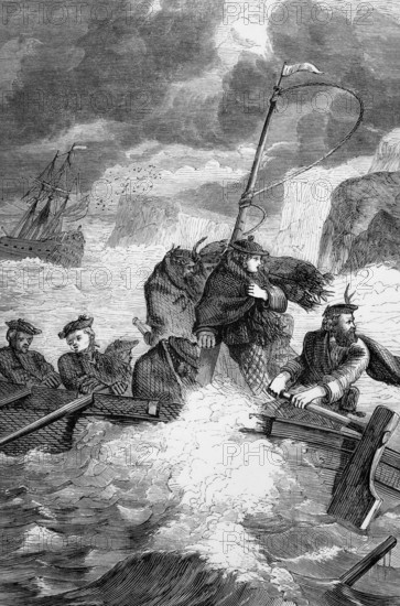 After his defeat at the Battle of Culloden, Bonnie Prince Charles escaped his pursuers on the Isle of Skye in a small boat, and eventually left the country on board a French frigate until he arrived back in France in September 1746, England, digital reproduction of a historical model