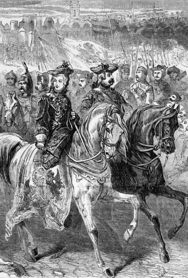 Catherine II, also known as Catherine the Great, in 1762 with her supporting army in St Petersburg after taking over the throne from her deposed and subsequently assassinated man King Peter II, Russia, digital reproduction of a historical original