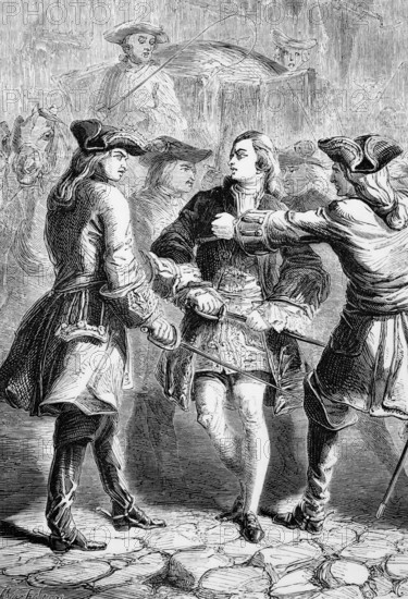 In 1748, the young pretender to the throne, Prince Charles, was arrested and expelled from France under the terms of the Treaty of Aachen, which ended the war between Great Britain and France, digital reproduction of a historical model