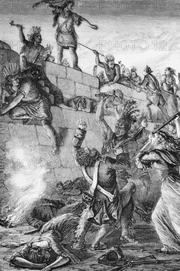 Iroquois attackers at the Battle of Wyoming, an encounter during the American War of Independence between American patriots and loyalists accompanied by the Iroquois, which took place on 3 July 1778 in the Wyoming Valley in Pennsylvania, digital reproduction of a historical model