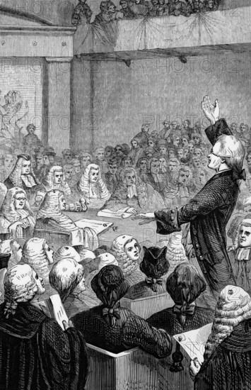 The trial of Warren Hastings, the first Governor-General of India, after his impeachment in the House of Commons for crimes and misdemeanours during his time in India in 1787, but he was acquitted in 1795, India, digital reproduction of a historical original