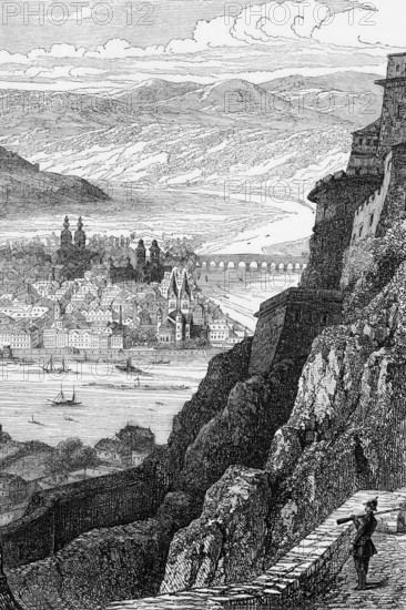 A view of Koblenz, a German city on both banks of the Rhine at its confluence with the Moselle, which became one of the most important meeting places for French emigrants, Germany, digital reproduction of a historical original