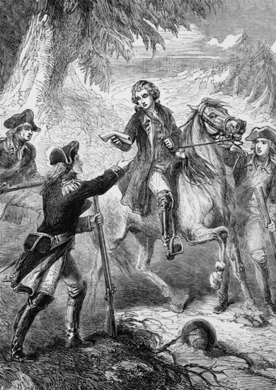 The arrest on 23 September 1780 of Major John Andre, a British army officer who was hanged as a spy during the American War of Independence, for an incident in which he had attempted to assist in the attempted surrender of the fort at West Point, New York, to the British, England, digital reproduction of a historical original