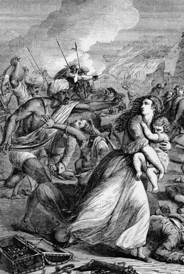 The troops of Tippoo Sahib or Tipu Sahib, Sultan of Mysore (1782 to 1799), sacking Madras in 1772, India, digital reproduction of a historical model