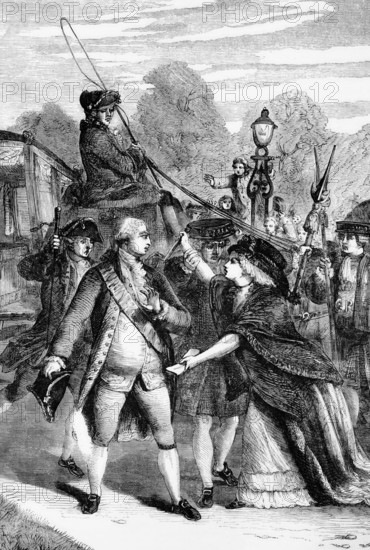 The assassination of King George III in 1786 by the insane Margaret Nicholson, the king survived, England, digital reproduction of a historical model