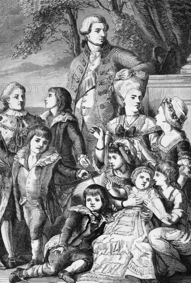 King George III and Queen Charlotte and their children in 1776, England, digital reproduction of a historical model