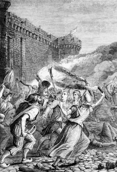 The storming of the Bastille by the Parisian revolutionaries on the morning of 14 July 1789: the fortress and prison represented the royal authority in the centre of Paris and its fall was the focal point of the French Revolution, digital reproduction of a historical model