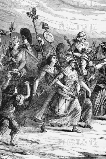 On the morning of 5 October 1789, there was almost a riot in the marketplaces of Paris due to the high price and scarcity of bread. Thousands of woman marched to Versailles. This riot became known as the Women's March on Versailles, France, digital reproduction of a historical model