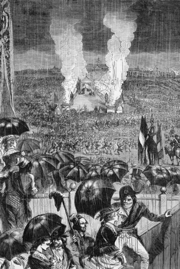A rainy day for the First Federation Day celebrations, now known as Bastille Day, which took place on the Champ de Mars, a park between the Eiffel Tower to the north-west and the École Militaire to the south-east, exactly one year after the storming of the prison on 14 July 1790, France, digital reproduction of a historical original