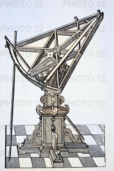 Astronomical sextant for measuring distances after copper engraving in the book Tychonis Brahe Astronomiae Instauratae Mechanica from 1602. From Science and Literature in the Middle Ages by Paul Lacroix, published in London 1878, coloured, digital reproduction of a historical model