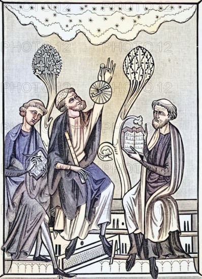 A lesson in astronomy based on a miniature in the 13th-century Breviary of St Louis from Science and Literature in the Middle Ages by Paul Lacroix, published in London in 1878, digital reproduction of a historical model