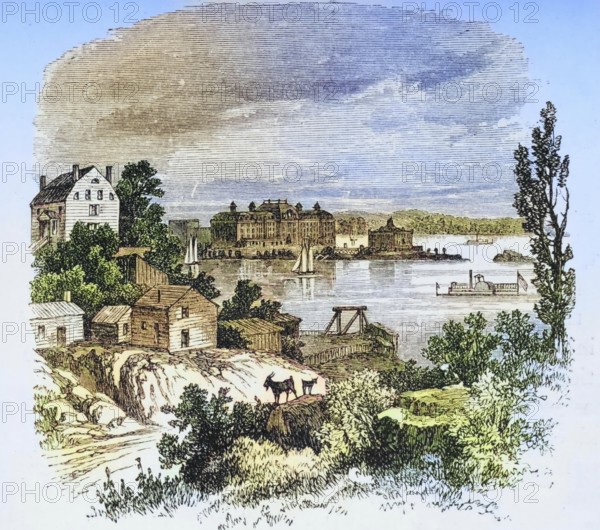 Turtle Bay and Blackwells Island, New York, 1870s, America, digital reproduction from American Pictures, drawn with pen and pencil, coloured, by Samuel Manning, published circa 1880, Historical
