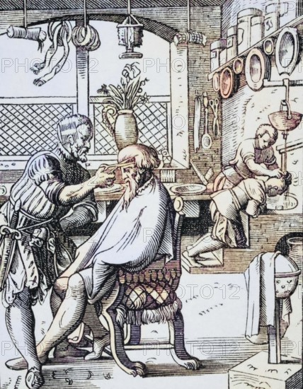 Barber. Reproduction of a woodcut from the 16th century by Jost Amman from the 19th century, coloured, digital reproduction of a historical original