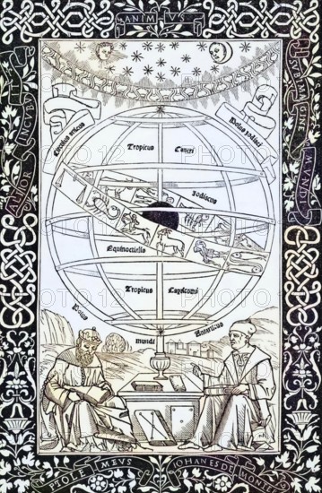 Ptolemy's system explained by Johannes Müller von Königsberg (right), 1436 to 1476, German astronomer, astrologer, mathematician after wood engraving from 1543 from Science and Literature in the Middle Ages by Paul Lacroix, published in London in 1878, digital reproduction of a historical original