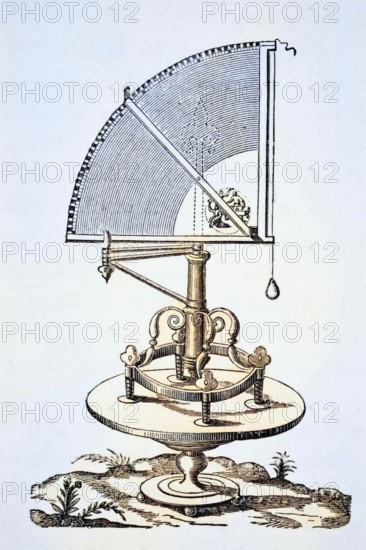 Quadrant, copper engraving in book tychonis brahe astronomiae instauratae mechanica from 1602, published London, 1878, coloured, digital reproduction of a historical model